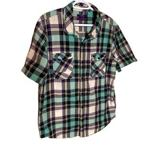LRG WOVENS Men’s Plaid Short Sleeve Shirt Button Up Teal Purple *Flaw*